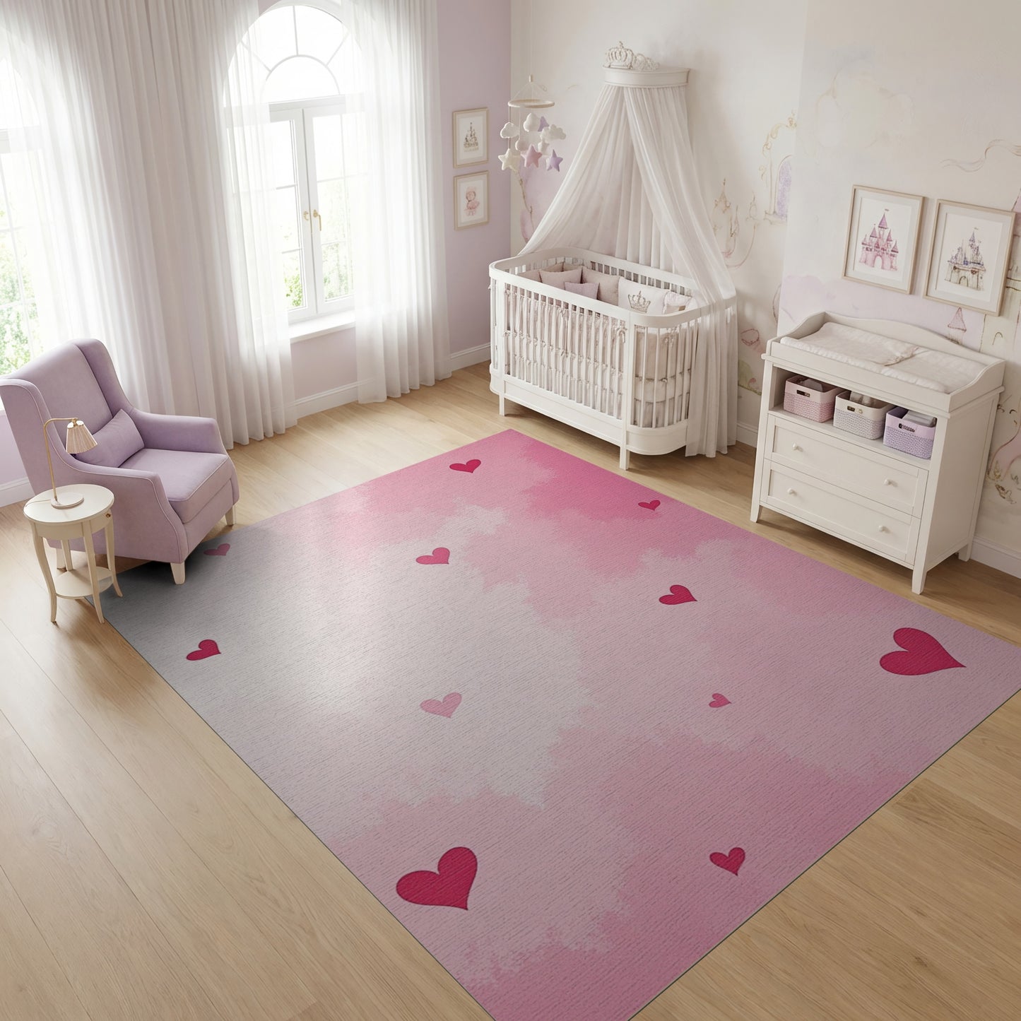Romantic Pink Scattered Hearts Gradient Rug