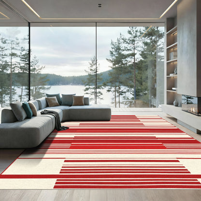 Modern Red Cream Stripe Composition Rug