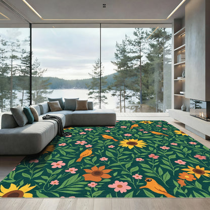 Whimsical Orange Birds And Sunflowers Rug