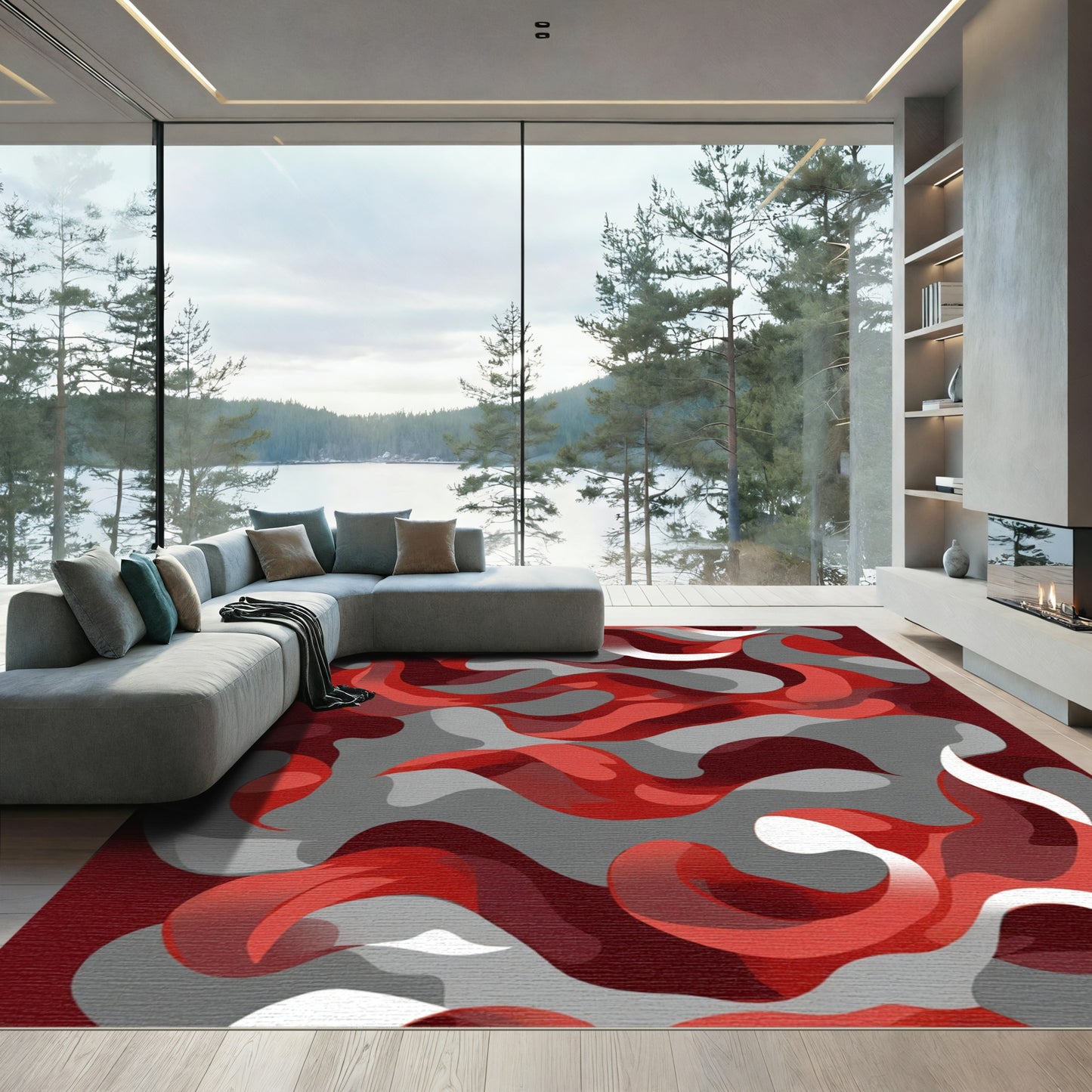 Crimson Gray Abstract Swirl Rug