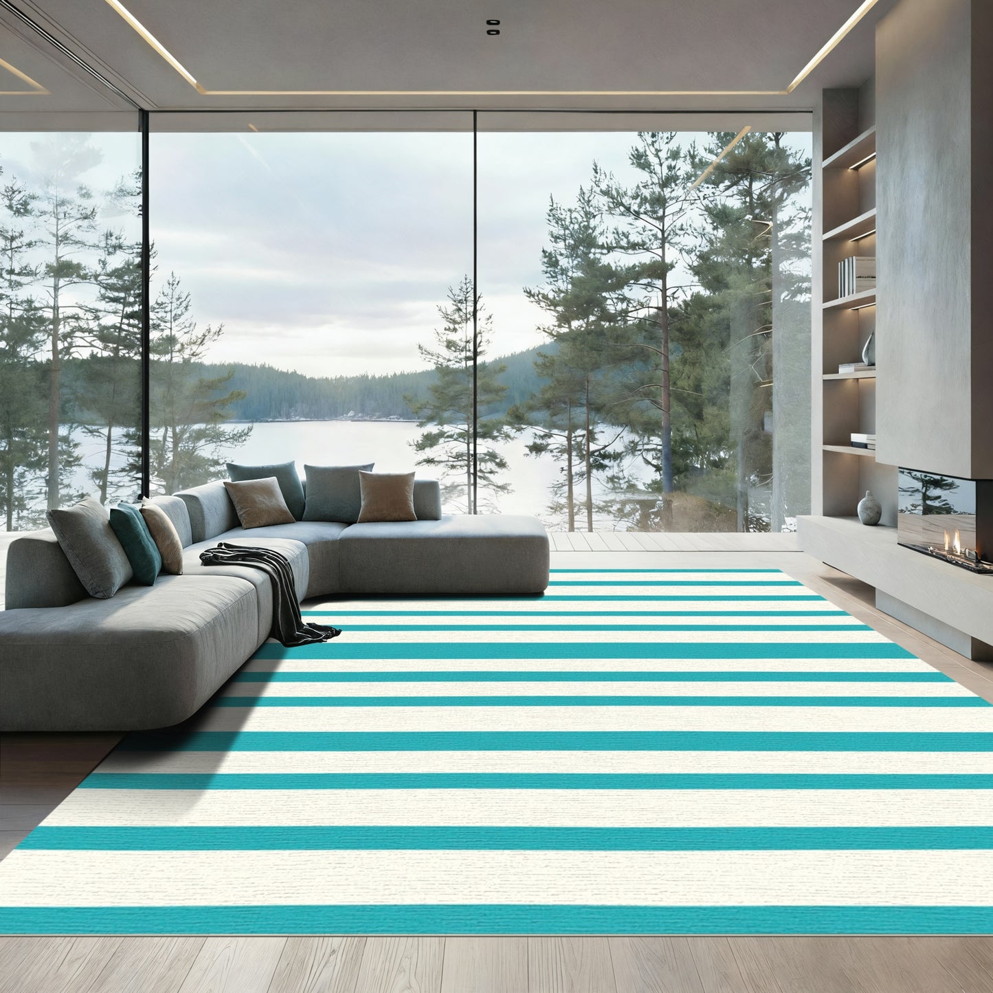Coastal Aqua White Stripe Accent Rug
