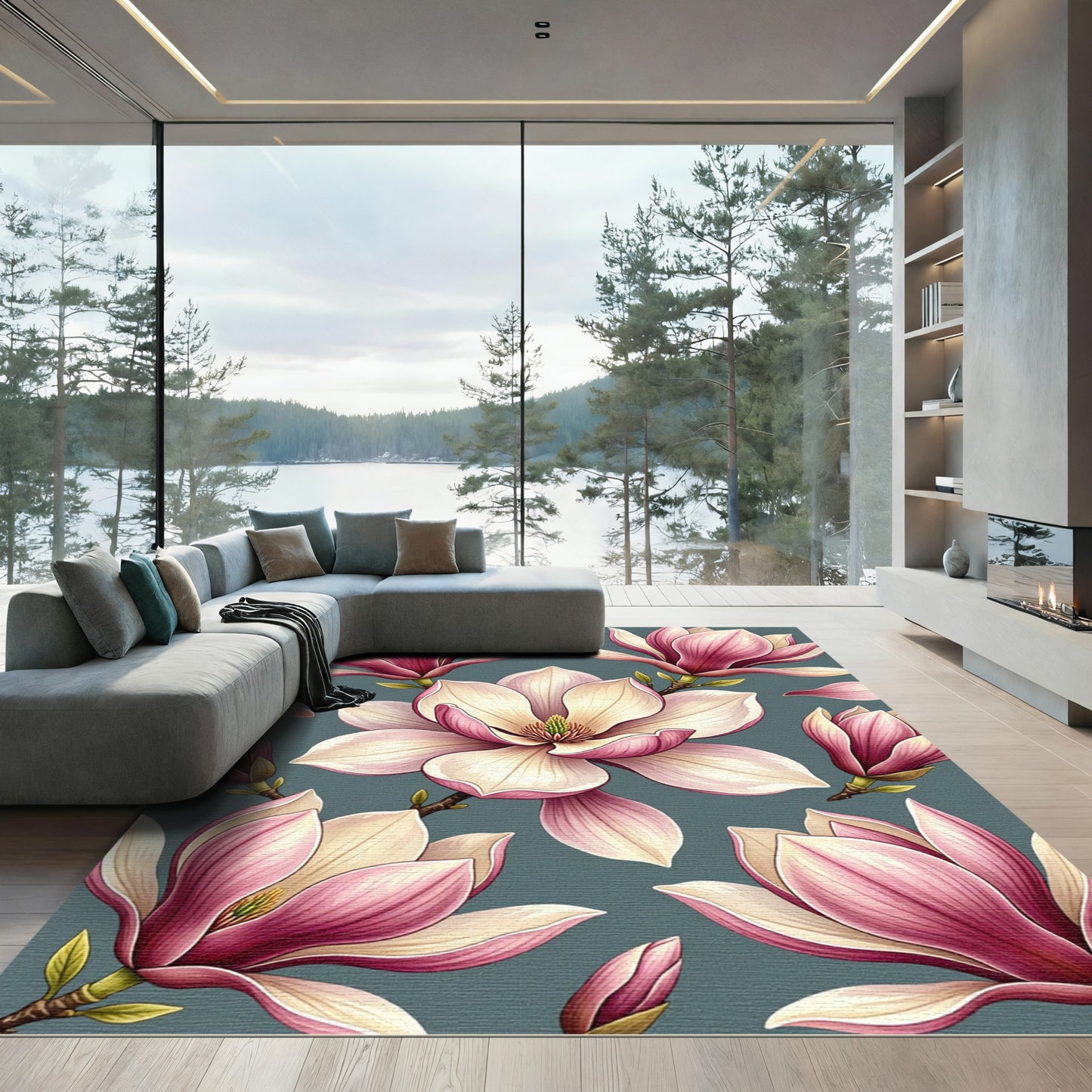 Elegant Pink Magnolia Floral Botanical Rug