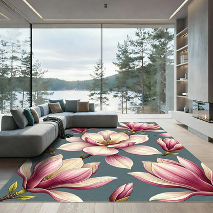 Elegant Pink Magnolia Floral Botanical Rug