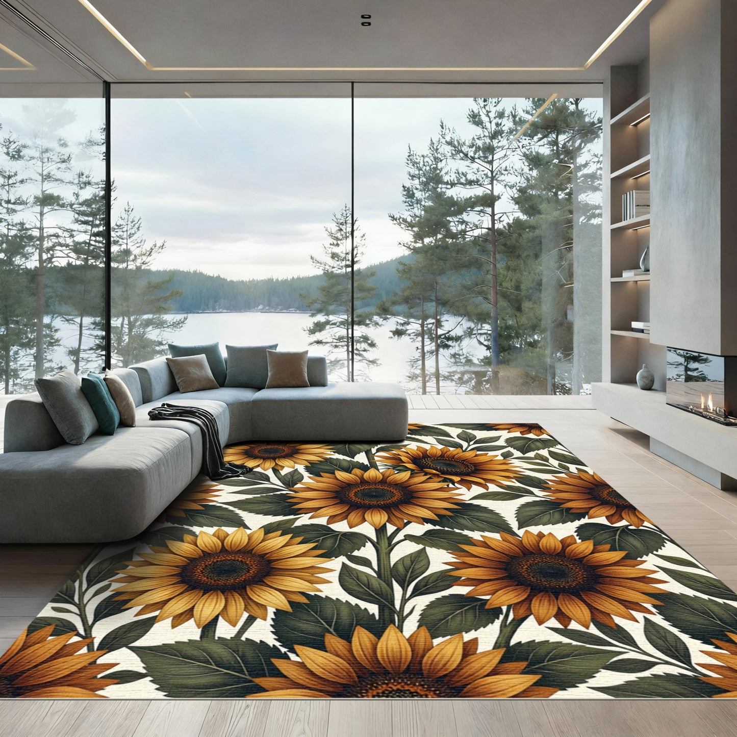 Golden Sunflower Botanical Floral Artwork Rug