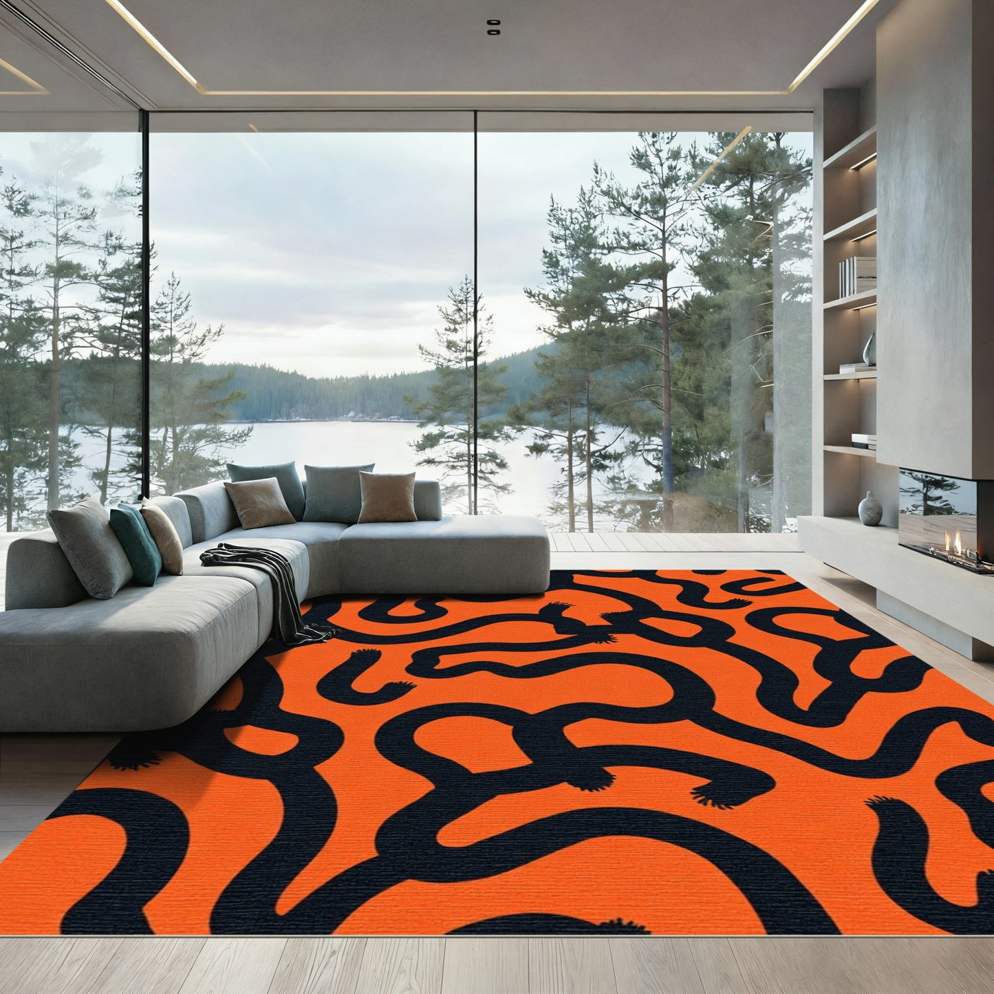 Bold Orange Black Abstract Swirls Rug
