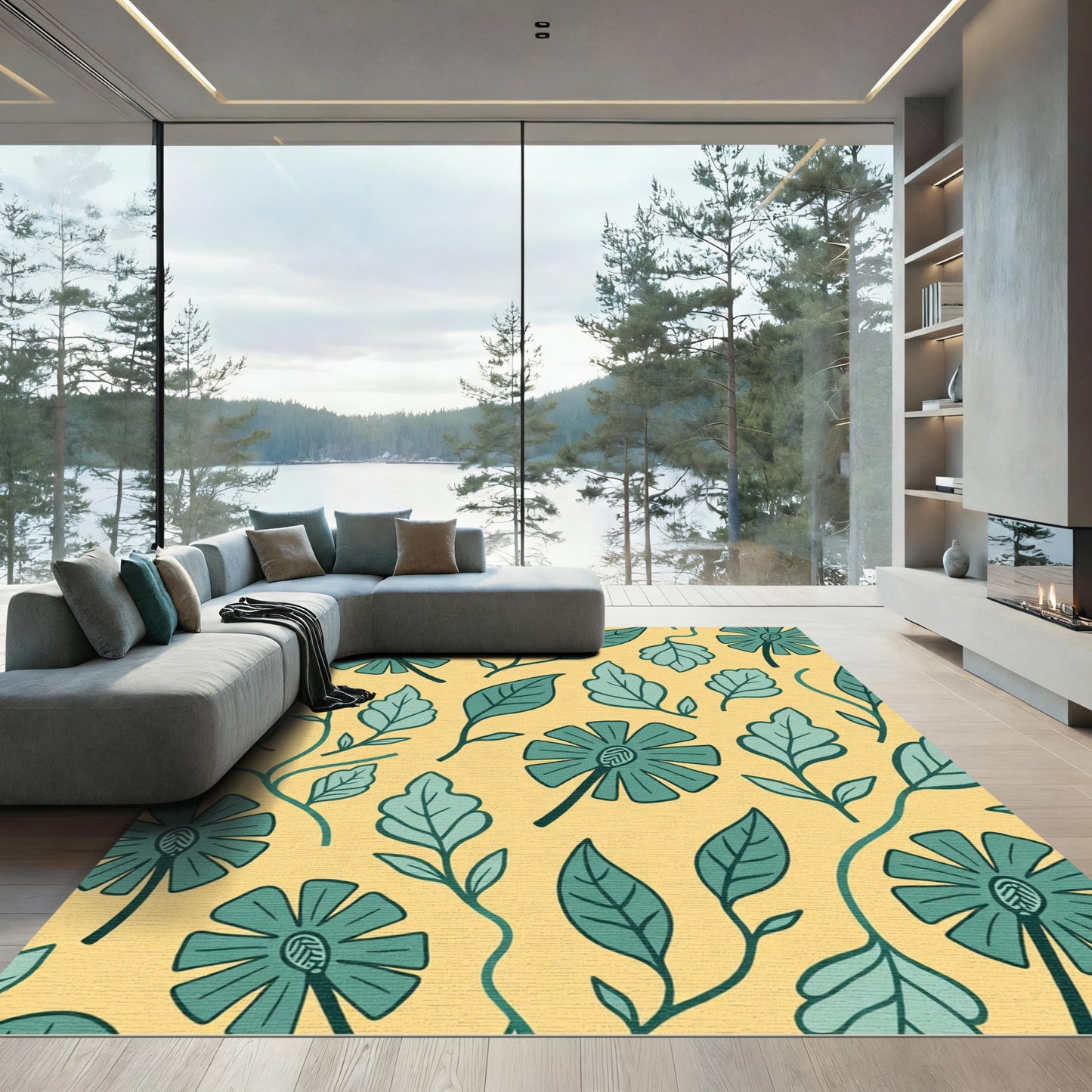 Teal Floral Blossom Yellow Background Rug