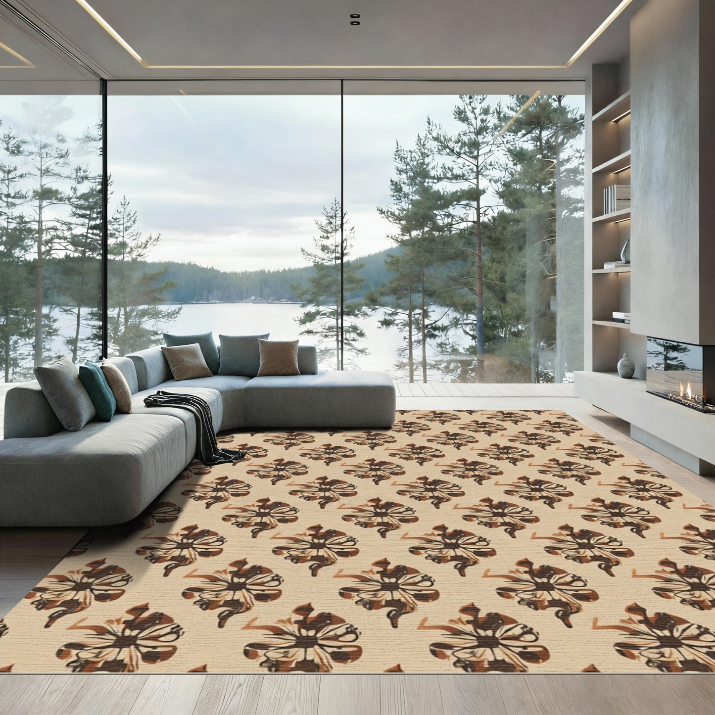 Warm Sepia Floral Swirl Arrangement Rug