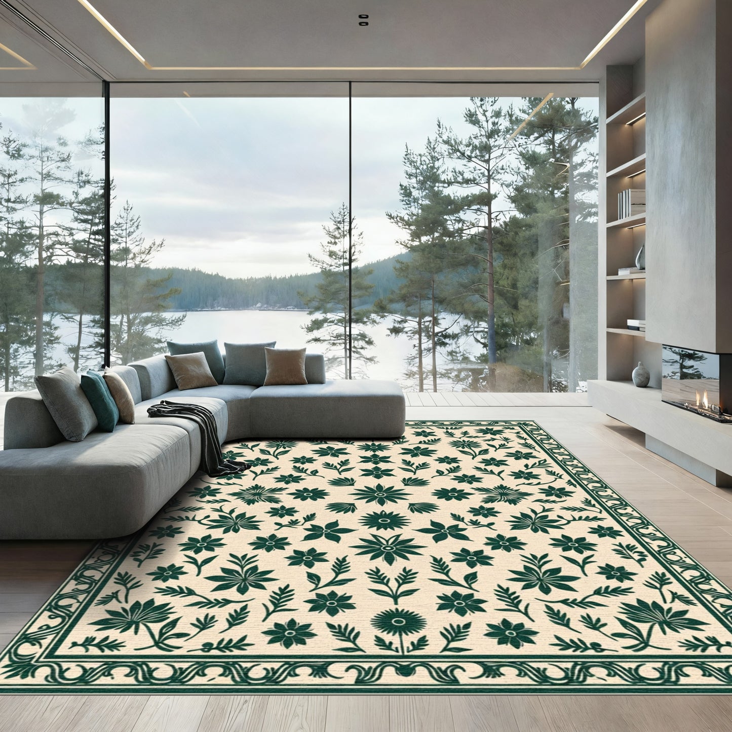 Deep Emerald Floral Meadow Tapestry Rug