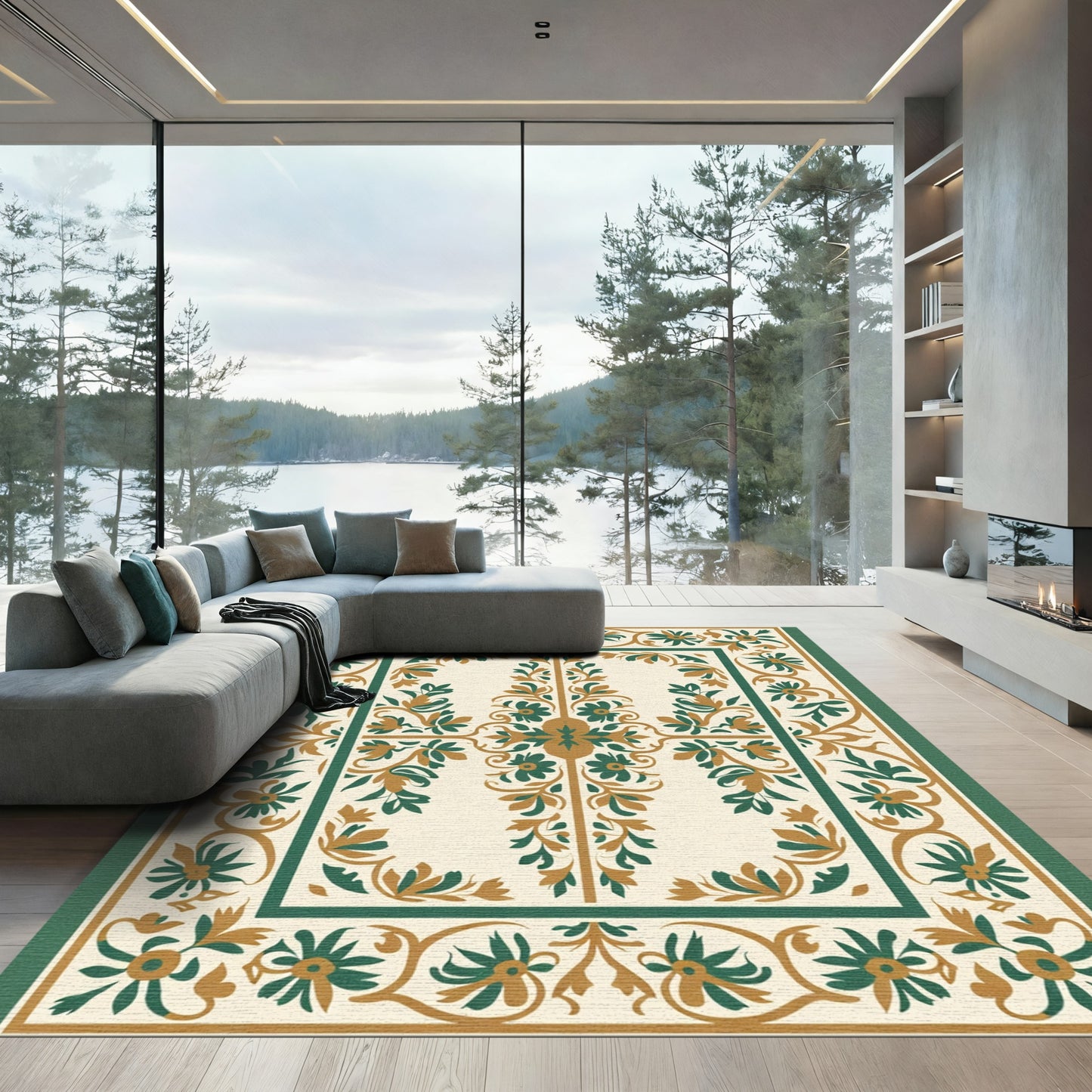 Golden Green Floral Scroll Border Rug
