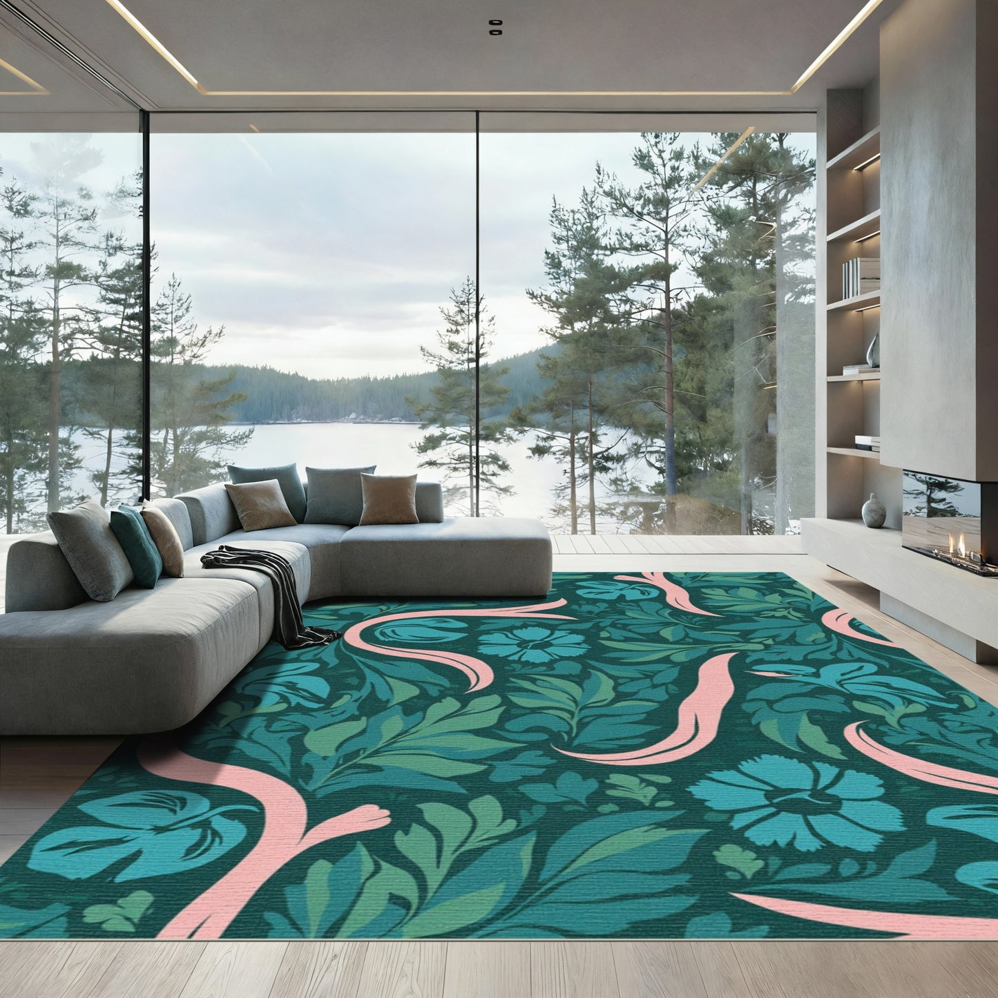 Teal Pink Floral Swirl Botanical Rug