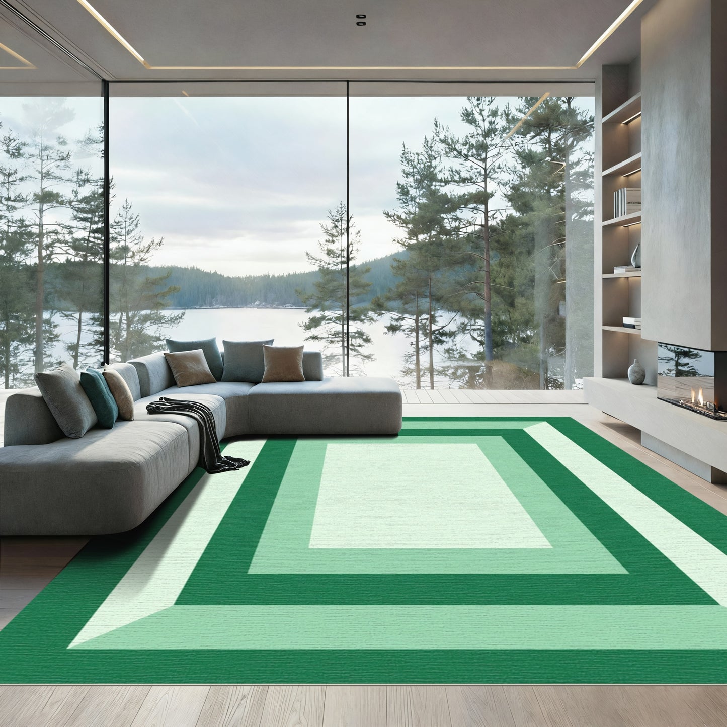 Geometric Nested Squares Green Rug