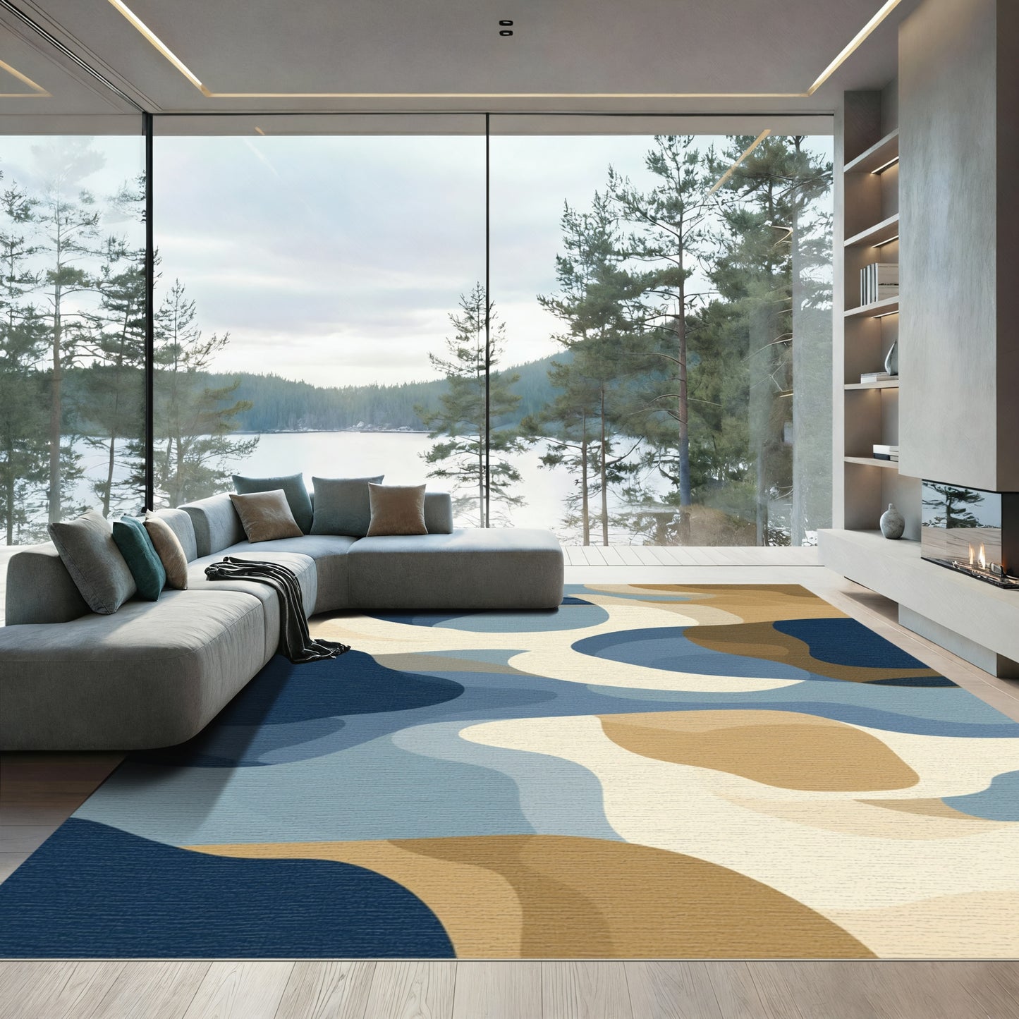 Earthy Blue Tan Abstract Waves Rug