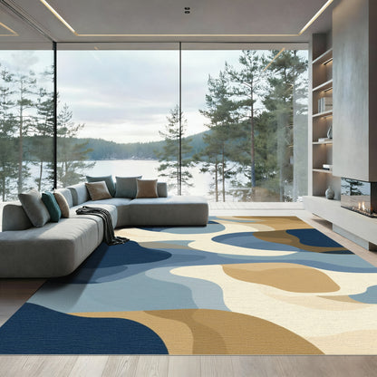 Earthy Blue Tan Abstract Waves Rug
