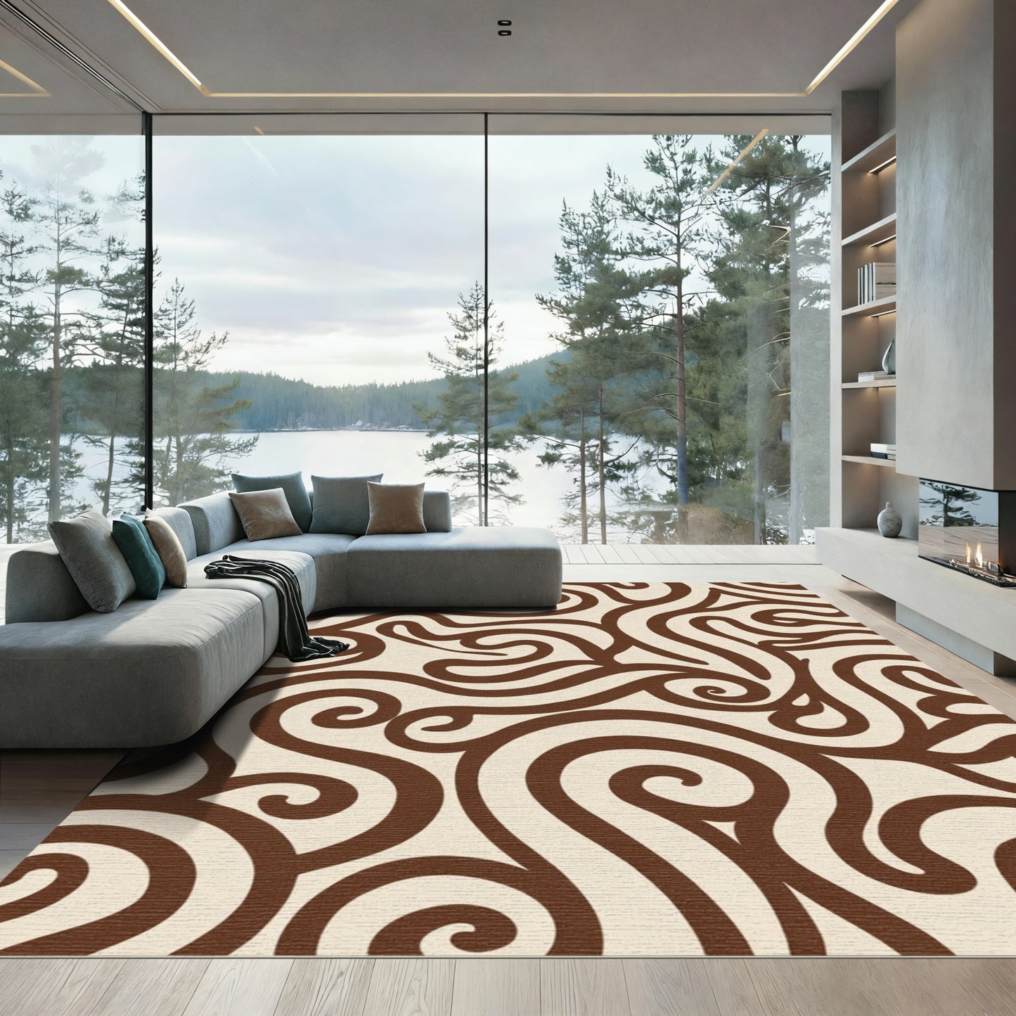Brown Cream Swirl Abstract Rug