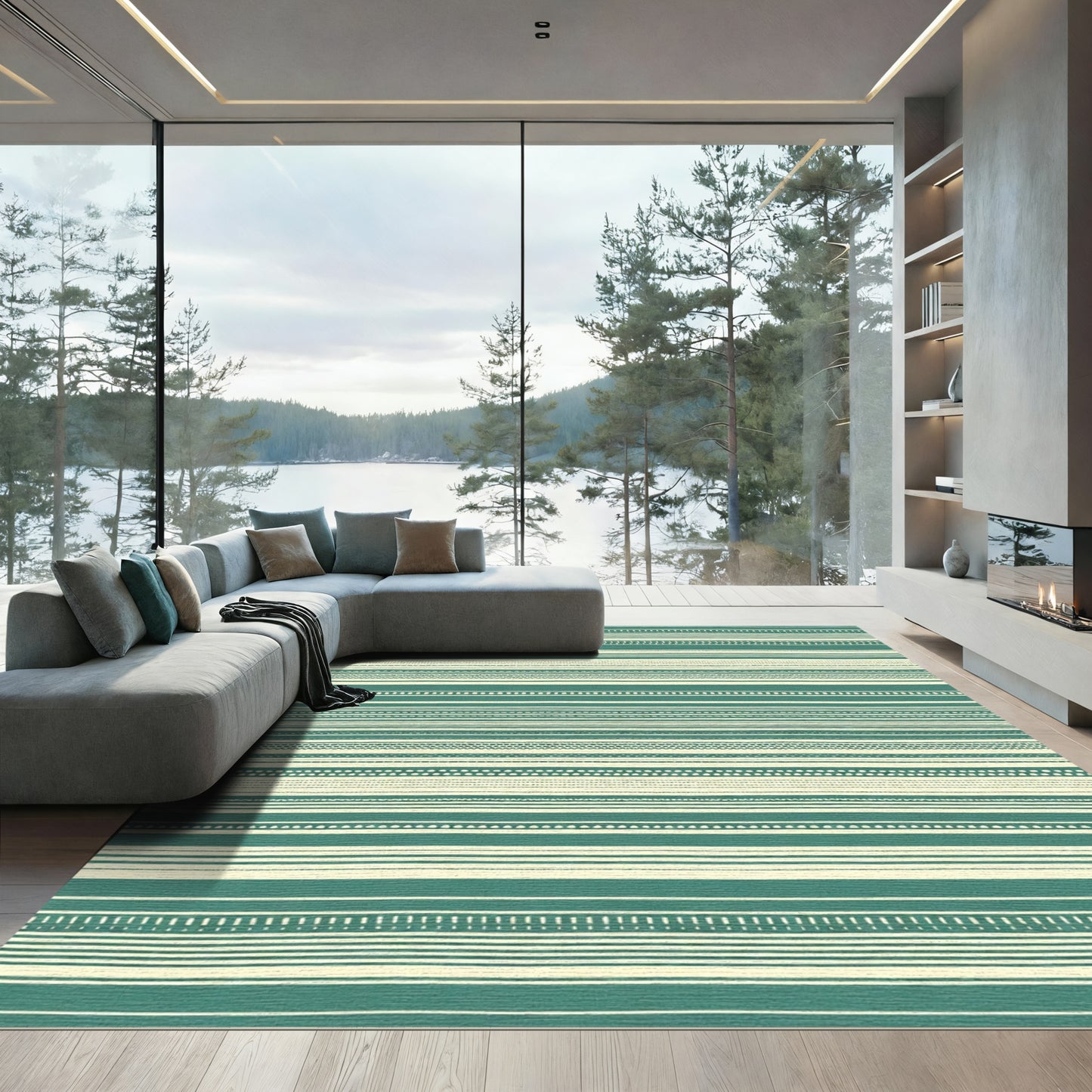 Teal Ivory Organic Stripe Texture Rug