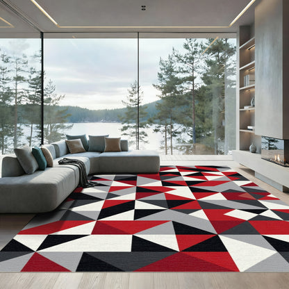 Bold Red Black Geometric Triangles Rug
