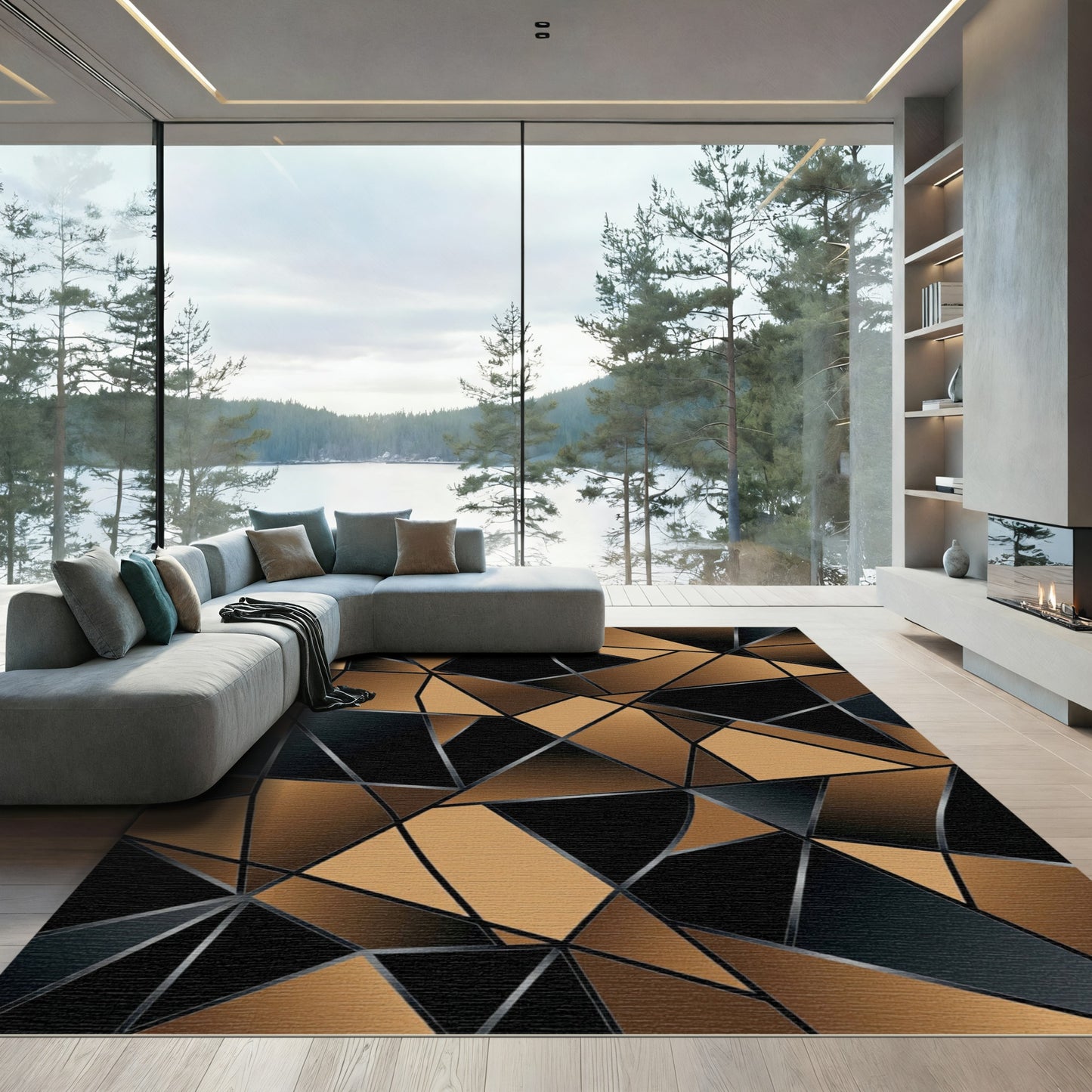 Modern Geometric Black and Gold Shard Rug