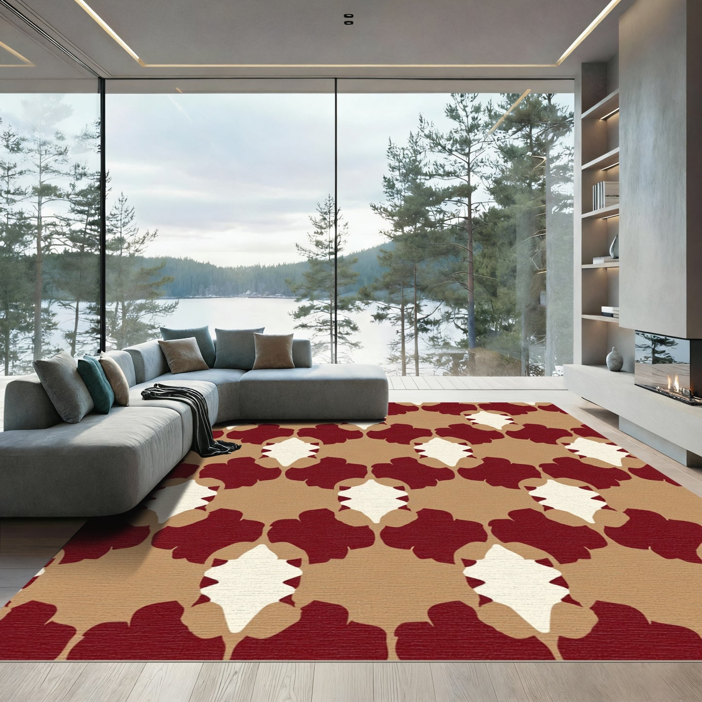 Crimson Khaki Abstract Quatrefoil Rug