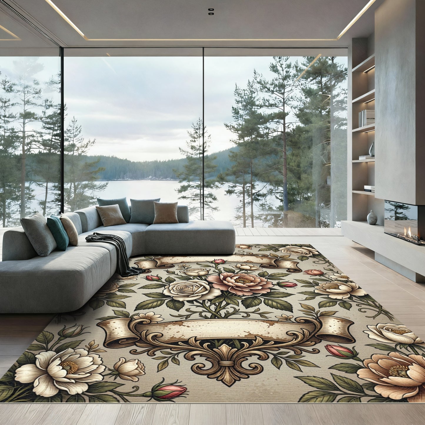 Vintage Floral Rose Scroll Ribbons Rug