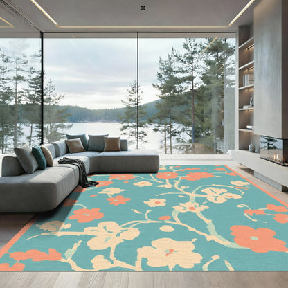 Coral Blossom Branches on Teal Background Rug
