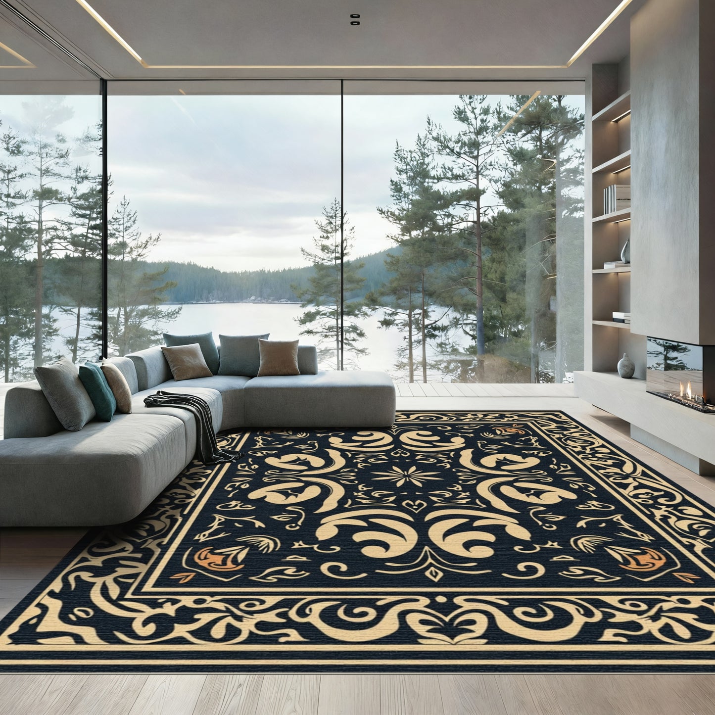 Bold Navy Golden Floral Scroll Rug