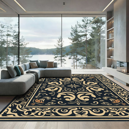 Bold Navy Golden Floral Scroll Rug