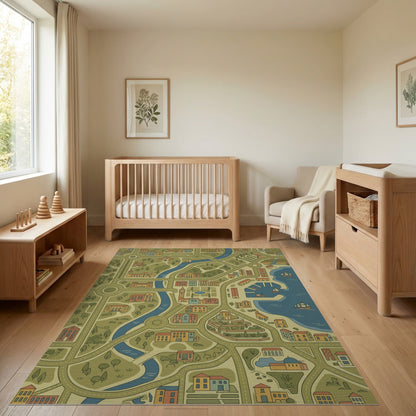 Whimsical Riverside Harbor Town Rug