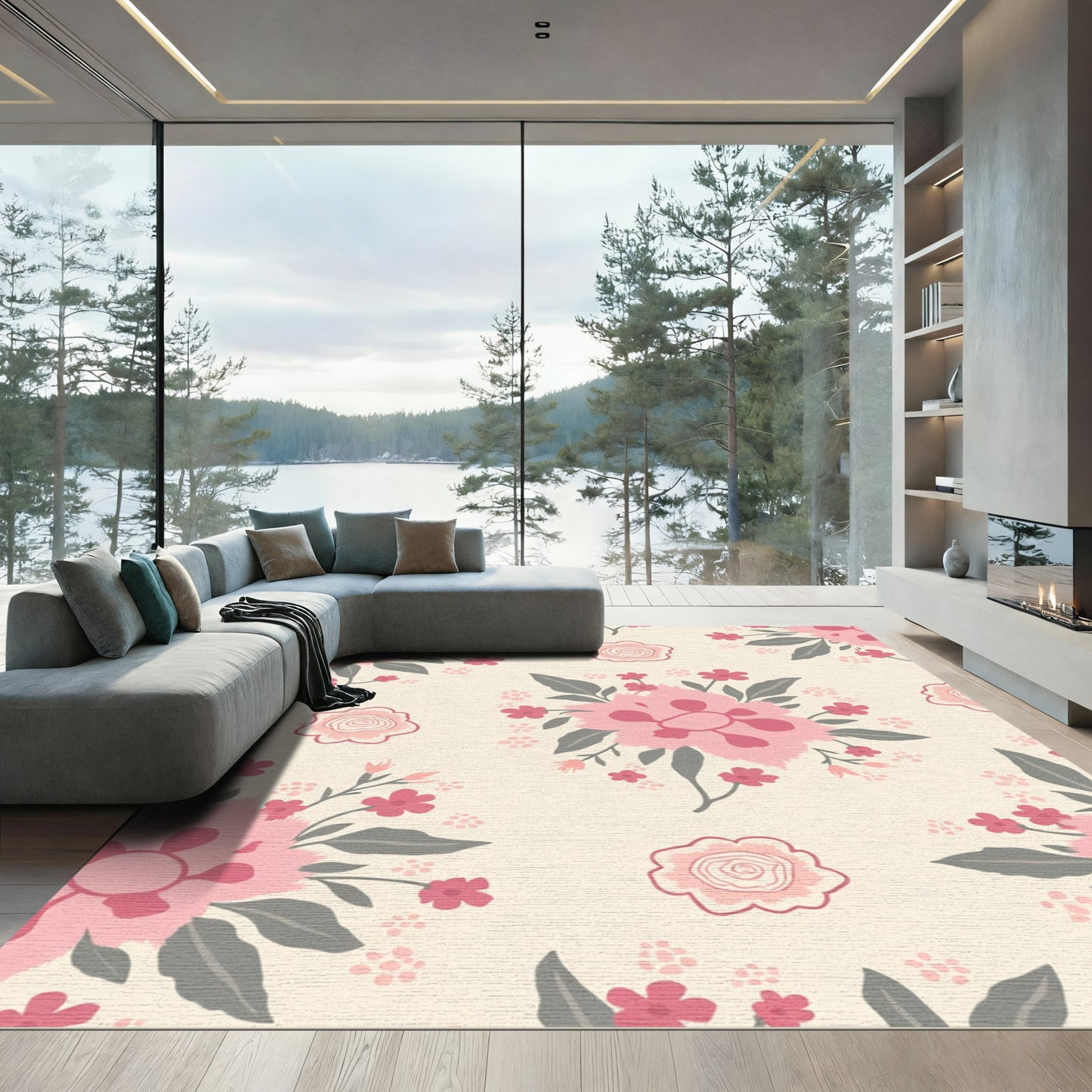 Pink Floral Garden with Gray Leaves Rug