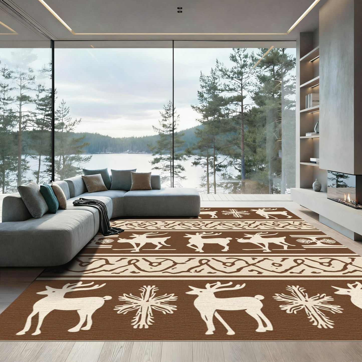 Neutral Reindeer Snowflake Geometric Stripes Rug