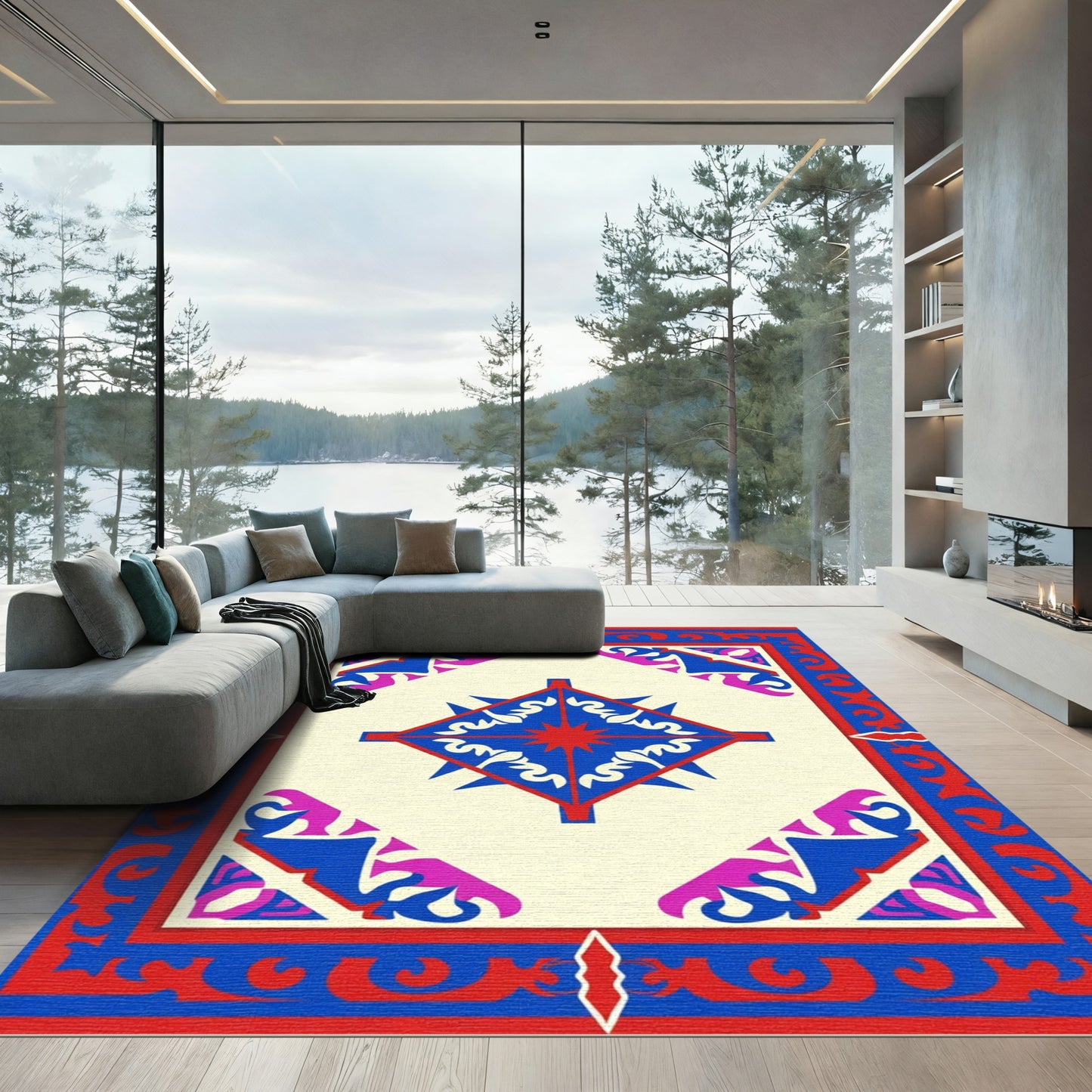 Bold Red Blue Star Diamond Rug