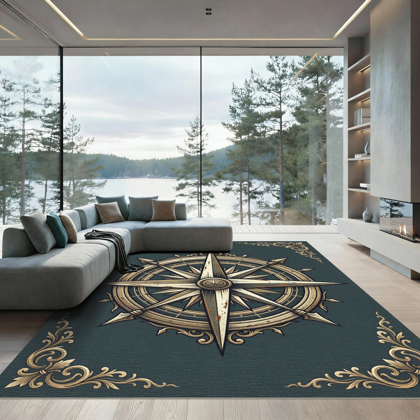 Antique Gold Nautical Compass Medallion Rug