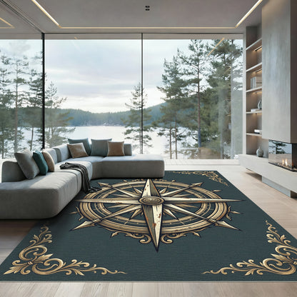 Antique Gold Nautical Compass Medallion Rug