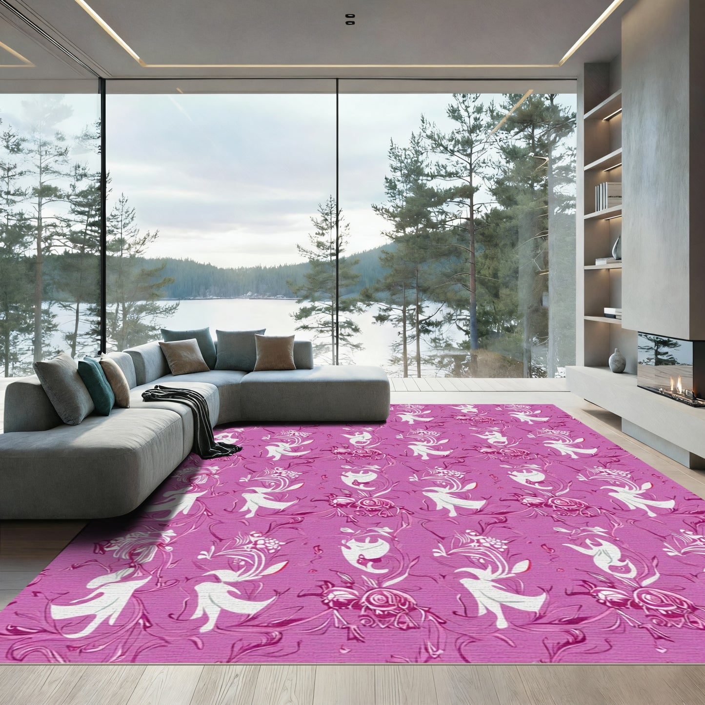 Vivid Fuchsia Floral Vine Medallion Rug