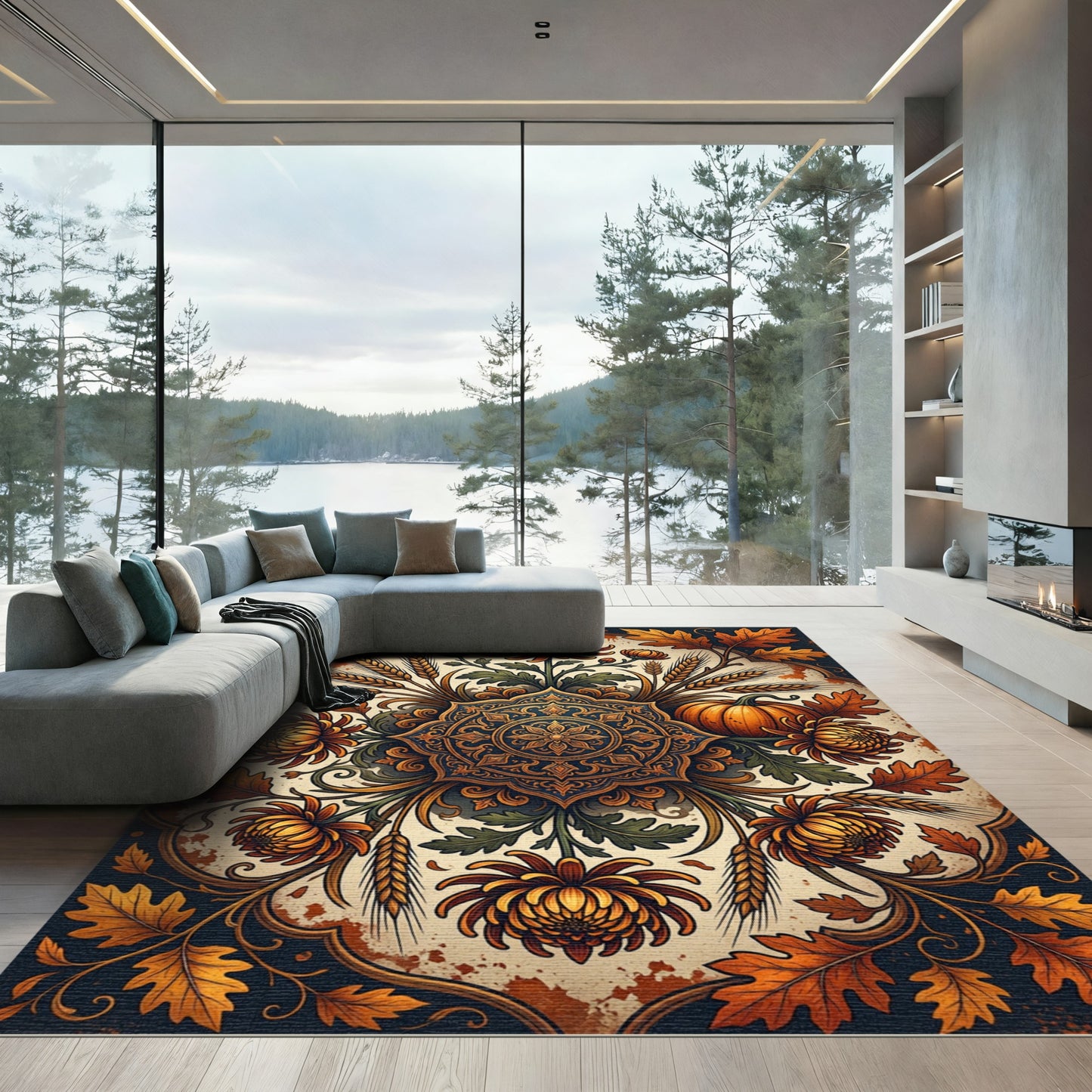 Autumnal Golden Chrysanthemum Floral Medallion Rug
