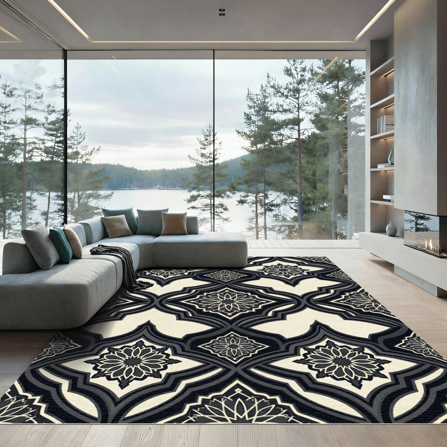 Intricate Black Cream Geometric Mandala Accent Rug