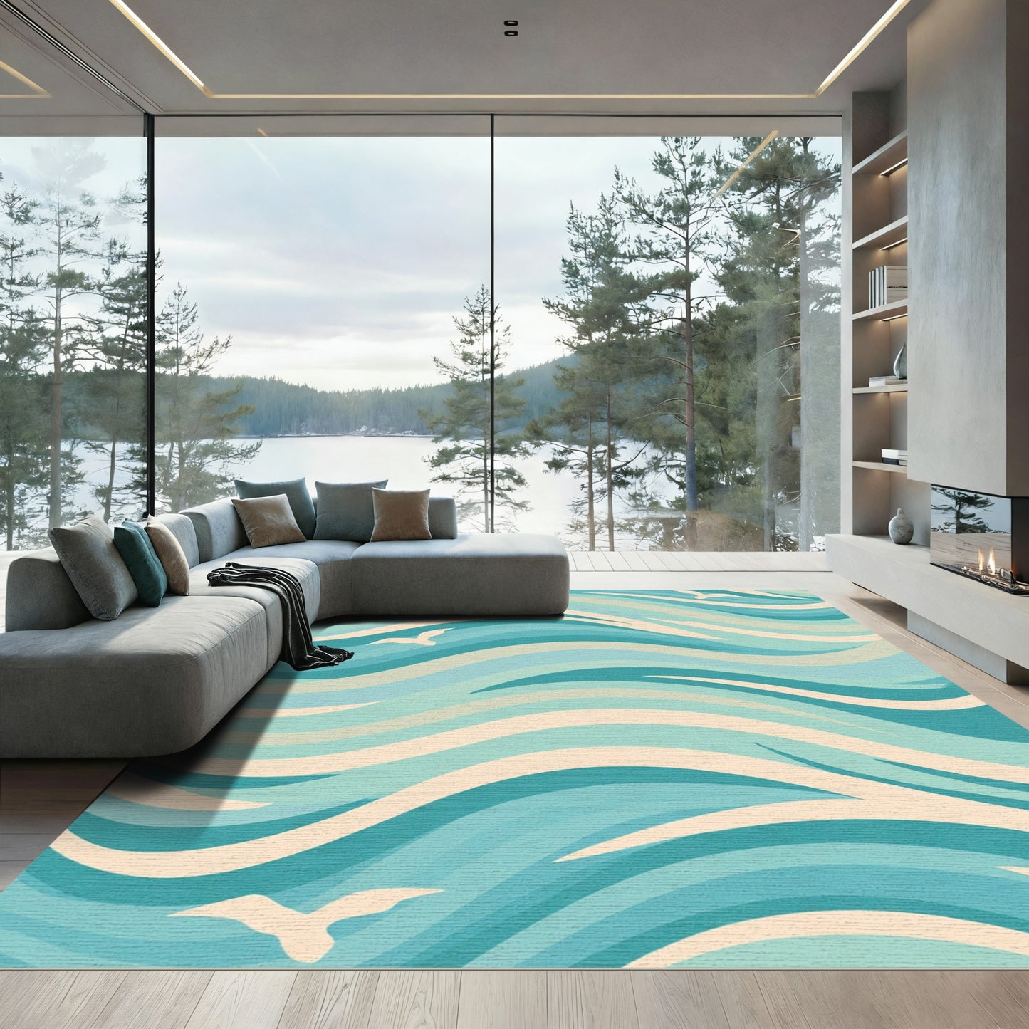 Coastal Blue Seagull Wave Rug