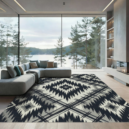 Black and Gray Tribal Diamond Plaid Rug