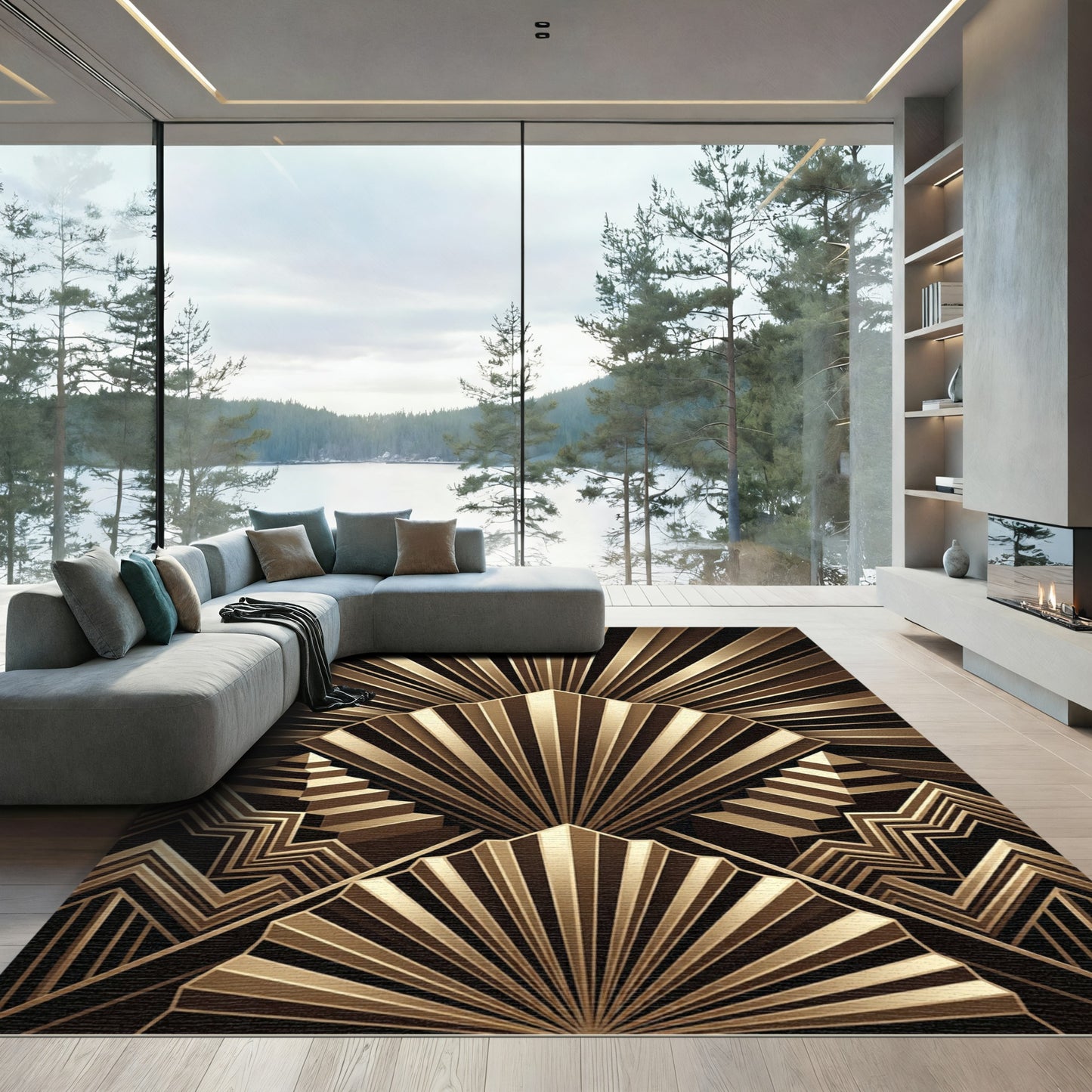 Art Deco Golden Fan Geometric Rug