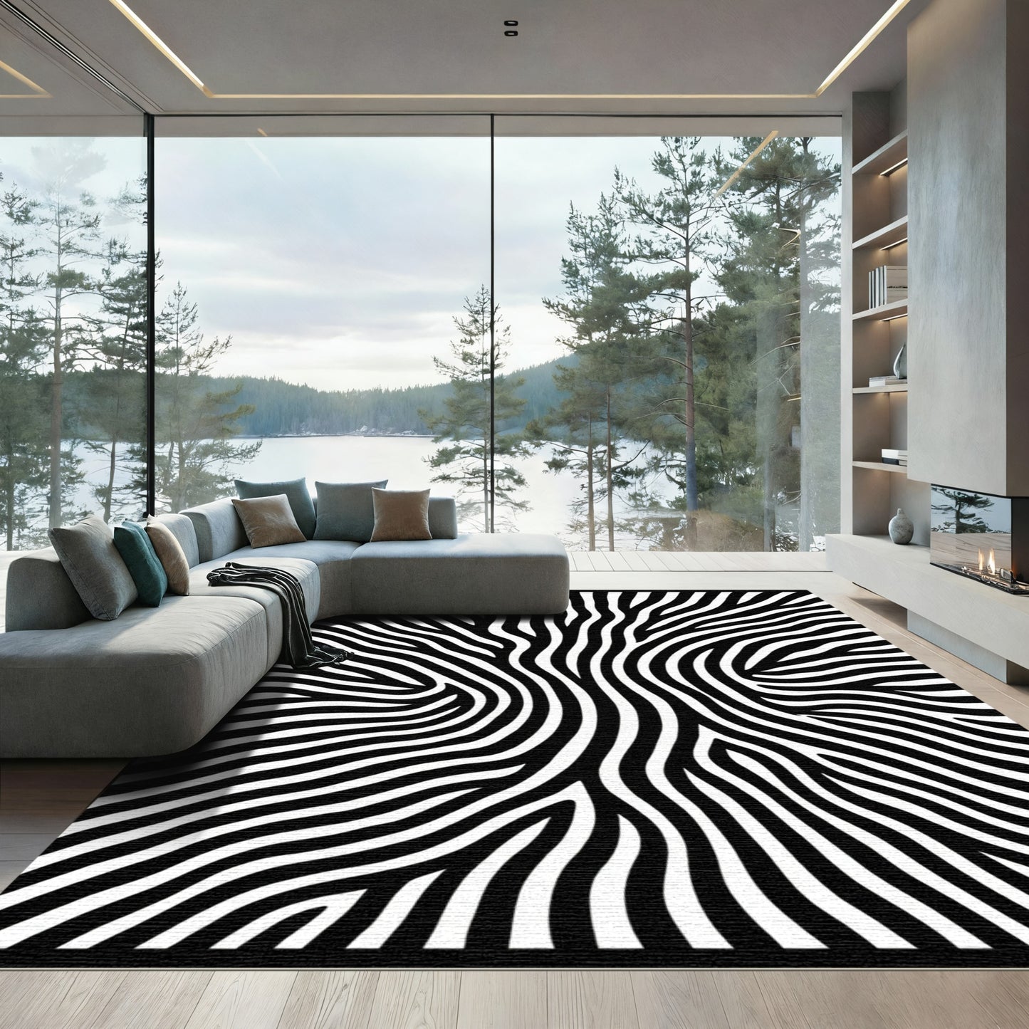 Black White Wavy Stripe Abstract Rug