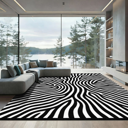 Black White Wavy Stripe Abstract Rug