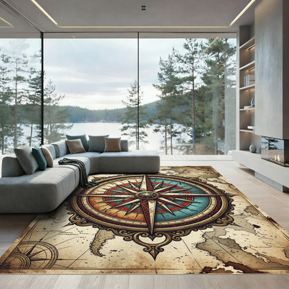 Antique Golden Compass Nautical Map Rug