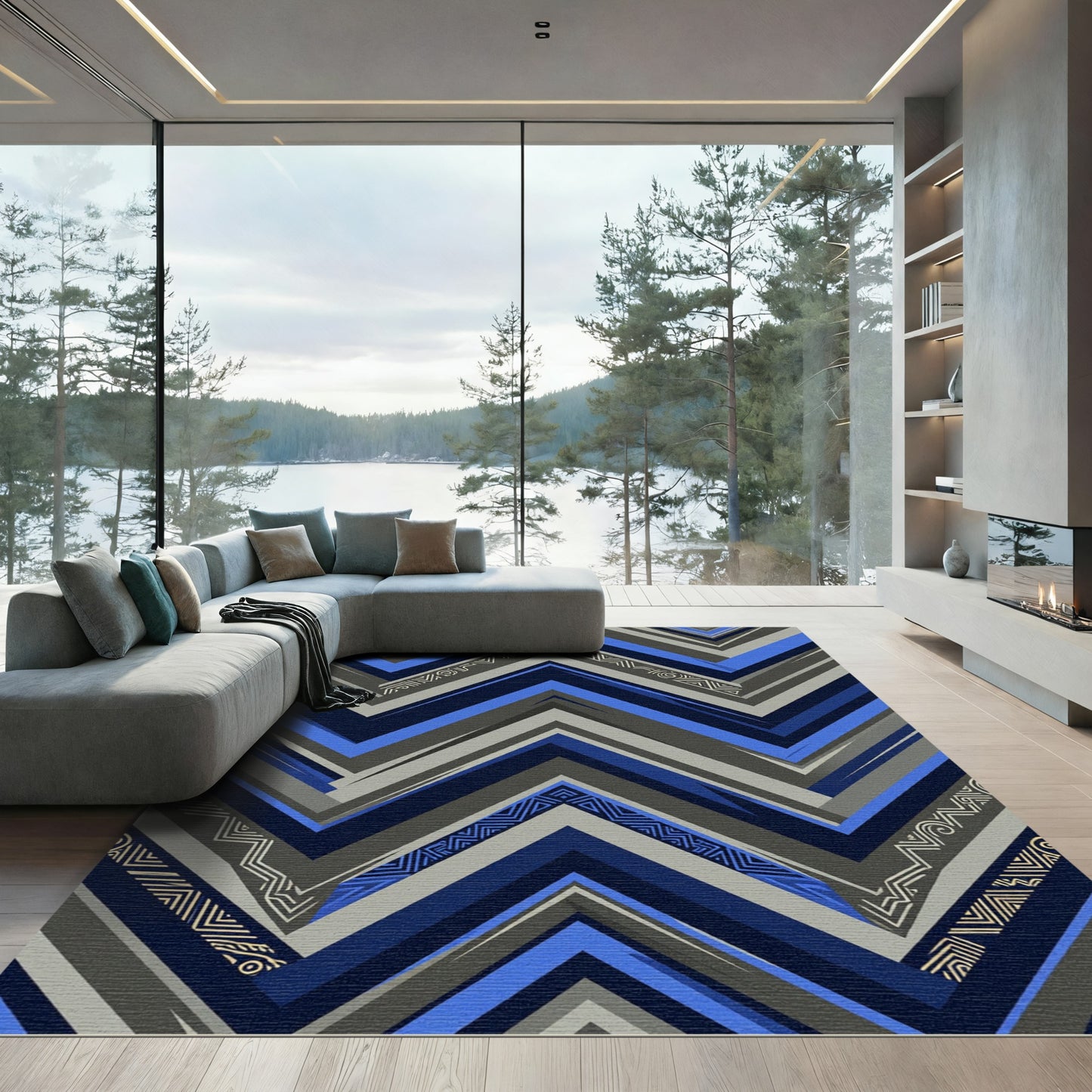 Blue Gray Geometric Chevron Tribal Rug