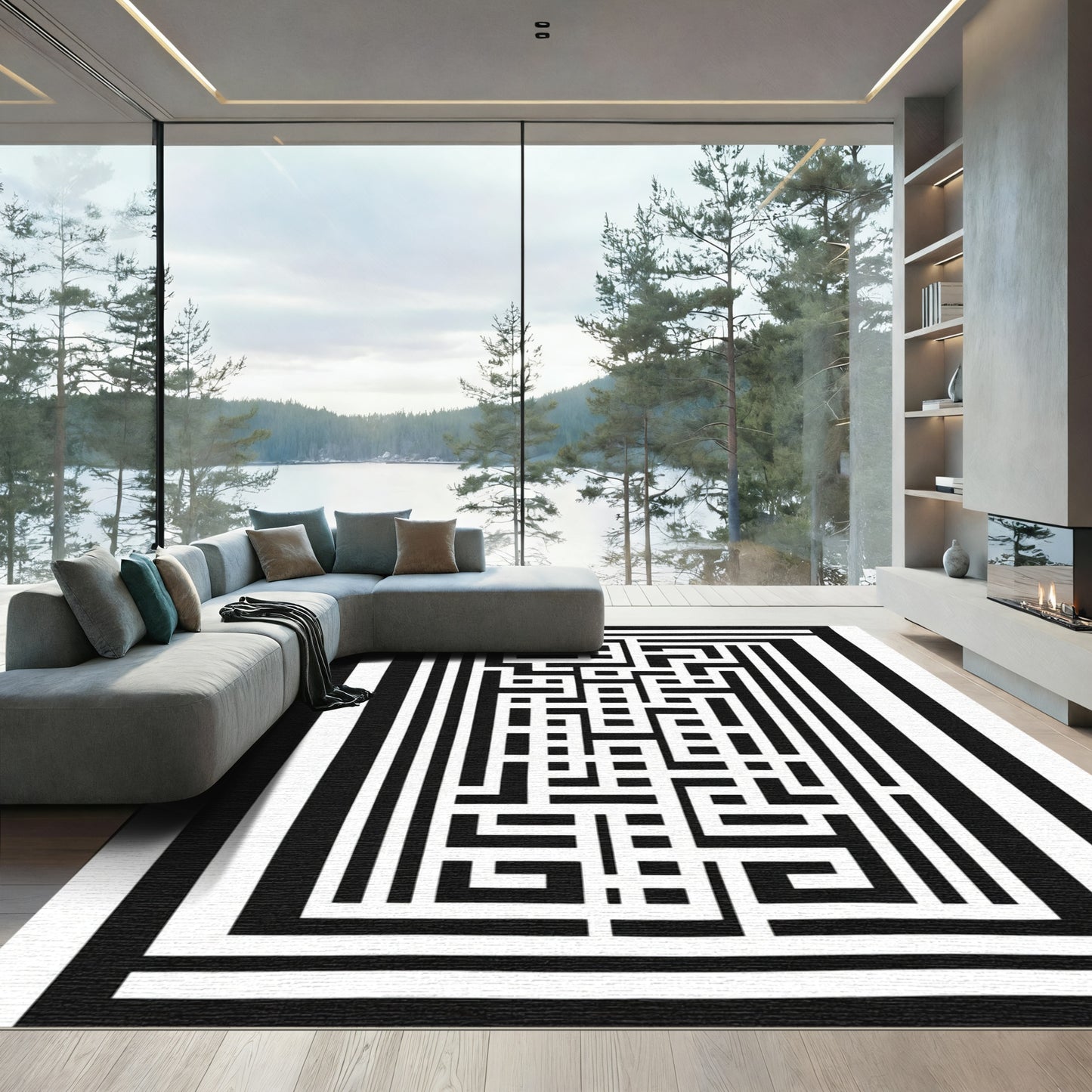 Bold Black White Geometric Lattice Rug