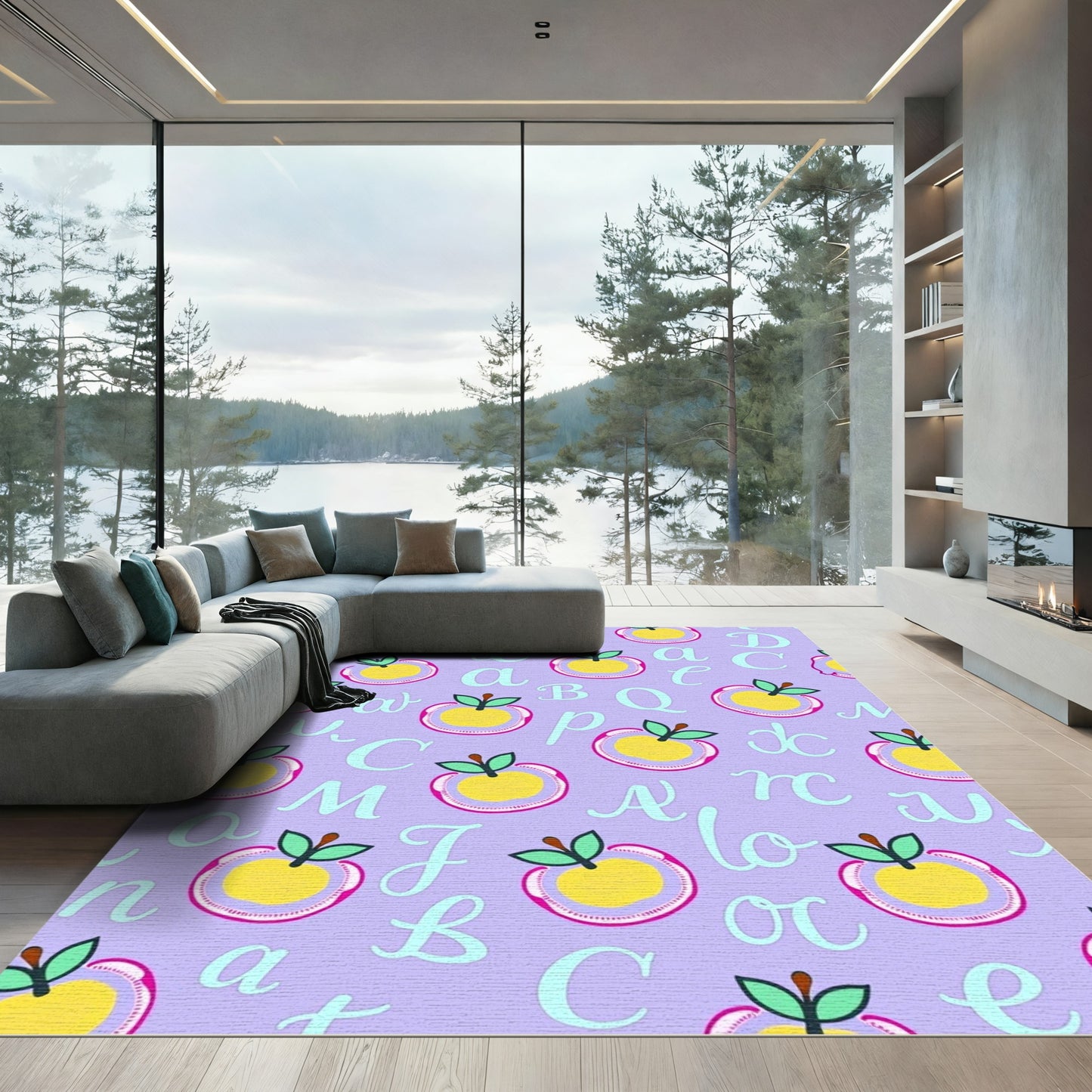 Lavender Yellow Apple Alphabet Collage Rug