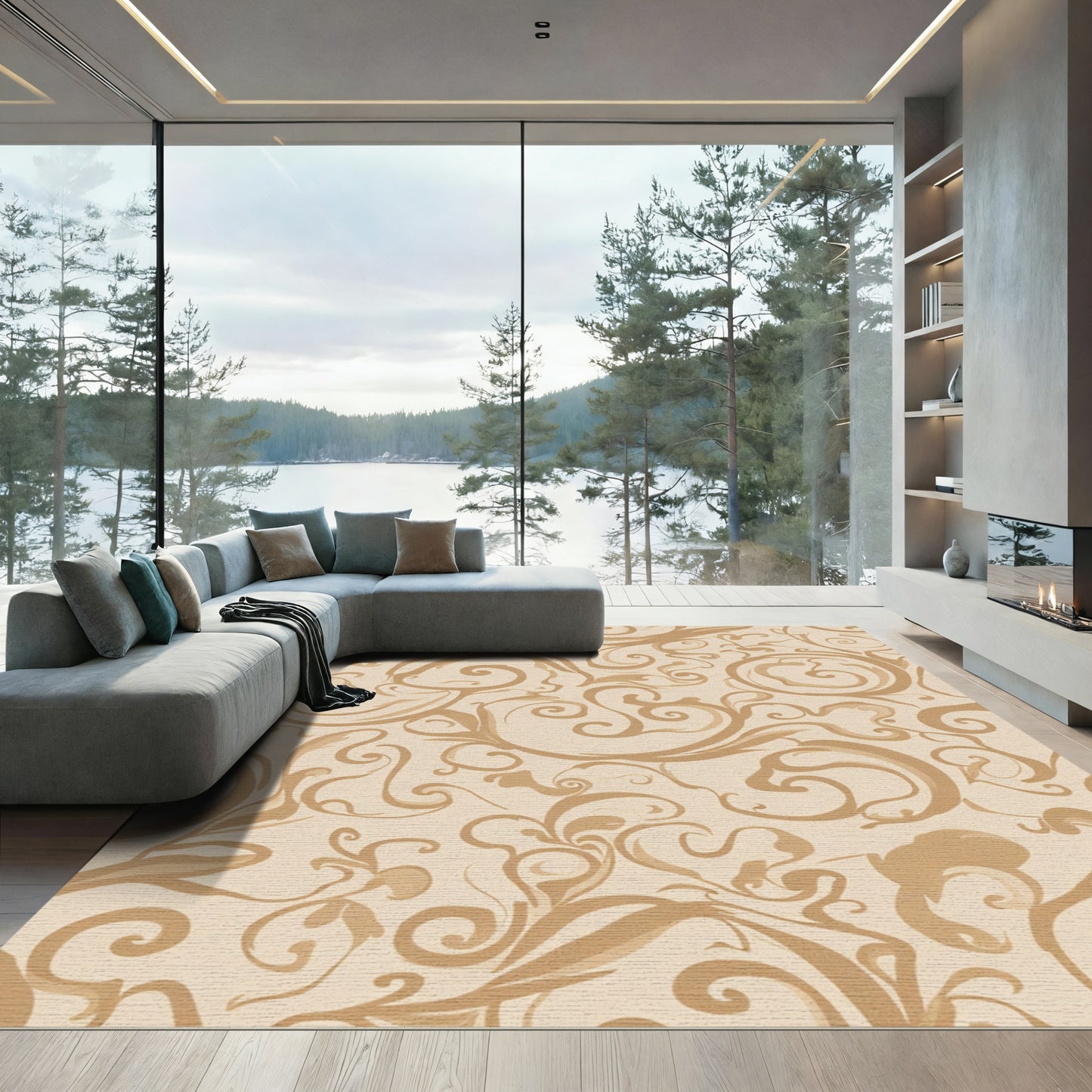 Beige Ornate Swirl Scroll Rug
