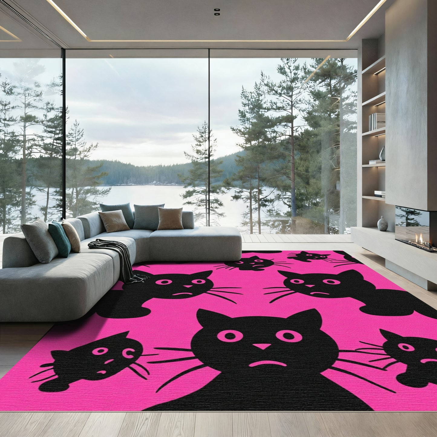 Black Whimsical Cats Pink Background Rug