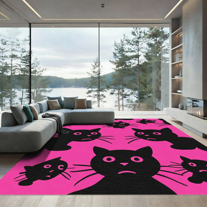 Black Whimsical Cats Pink Background Rug
