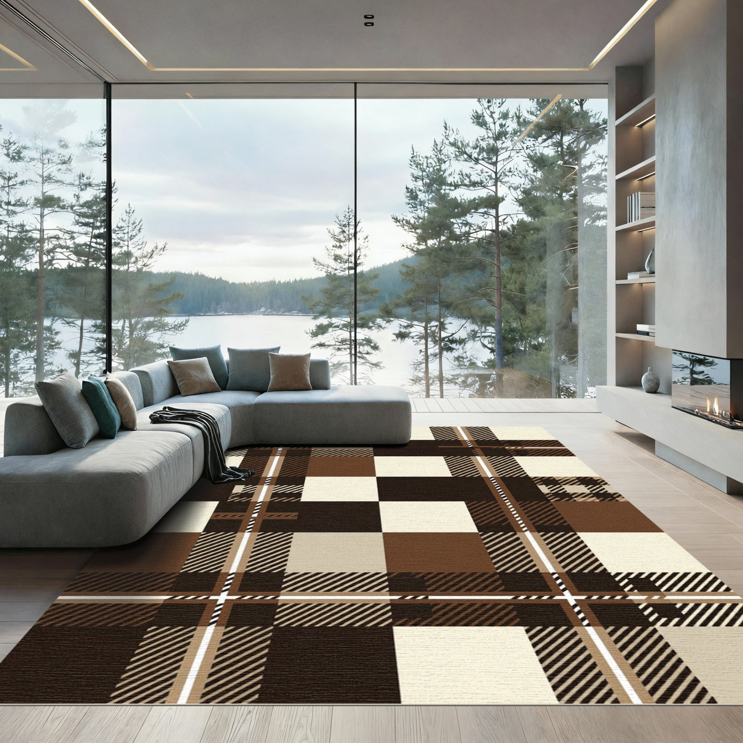 Brown Cream Plaid Checkered Square Rug