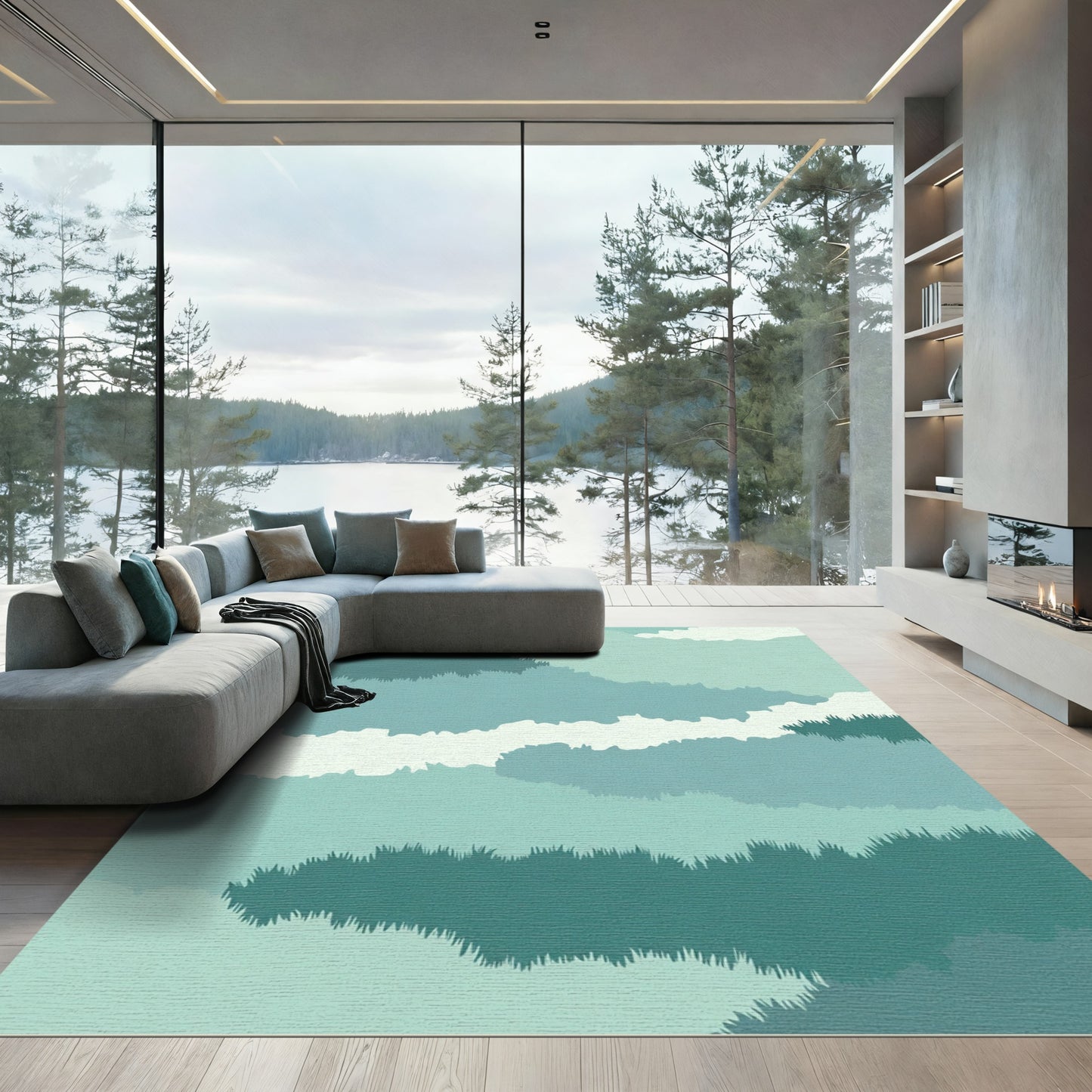 Jagged Teal Abstract Cloud Layers Rug