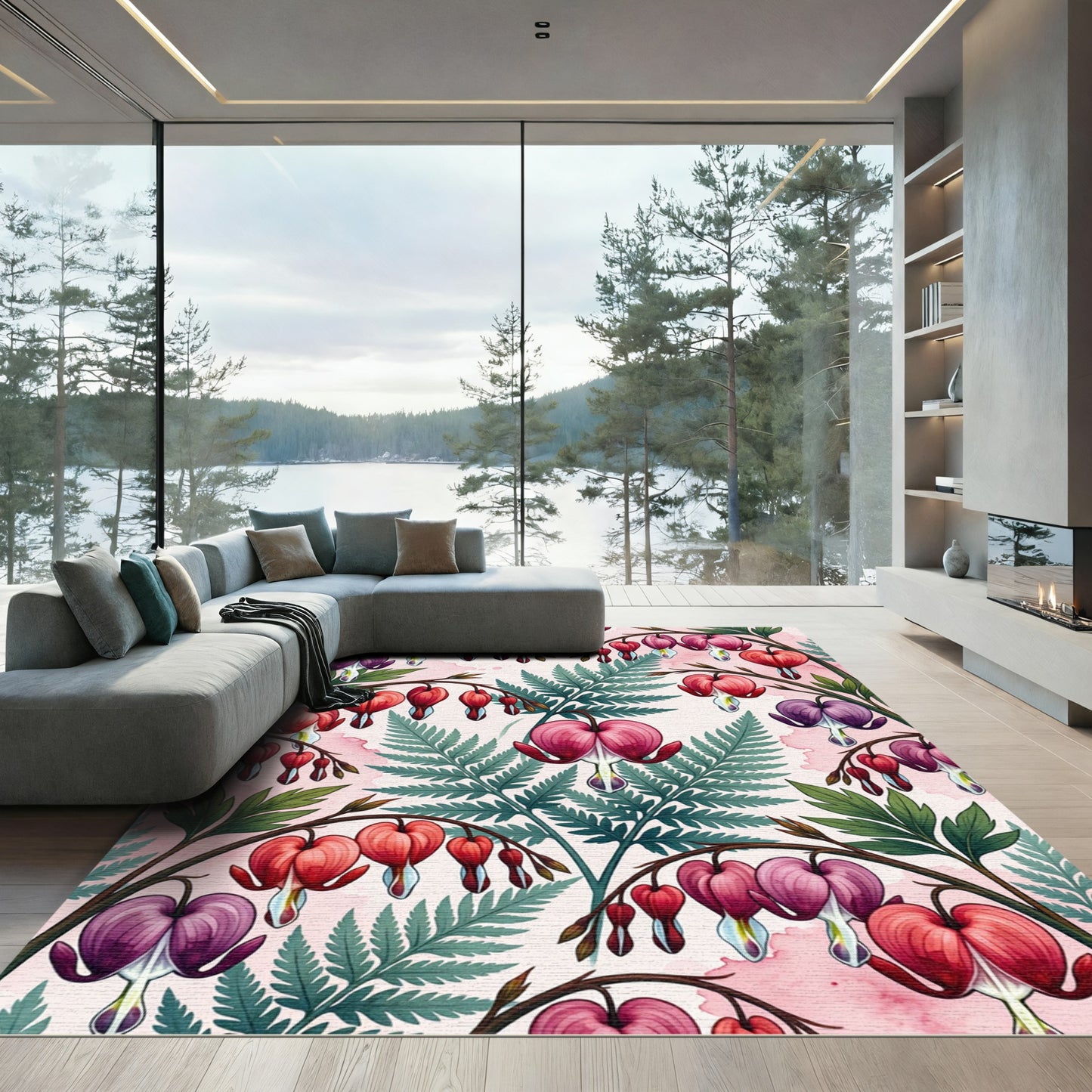 Crimson Pink Heart Flower Fern Rug